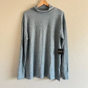 Eddie Bauer Womens Ribbed Tunic Top Mock Cowl Neck Blue Sweater Size Medium